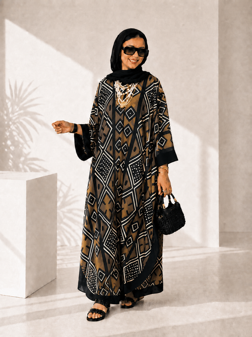 Woman wearing a patterned dress in a minimalistic setting